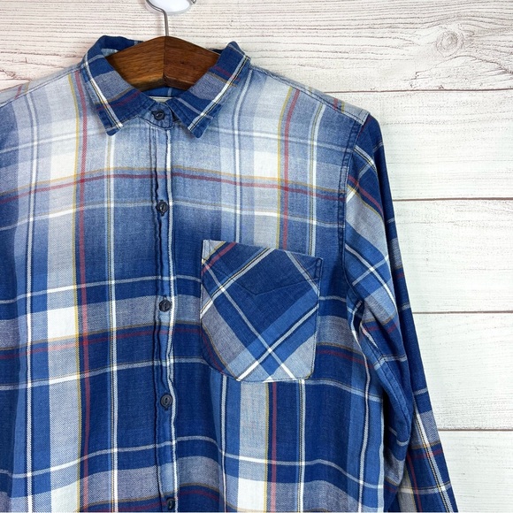 Current/Elliott Blue White Yellow Red Plaid Flannel Button Down Shirt Womens 1 - Picture 4 of 10